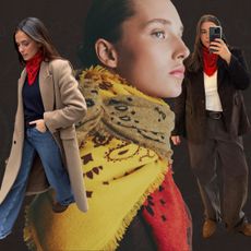 Collage of women wearing colorful bandana neck scarves.