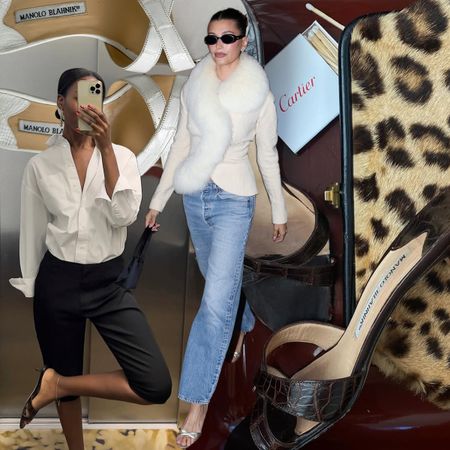 a collage of influencer, product, and Hailey Bieber street-style images featuring Manolo Blahnik Callamu Mules