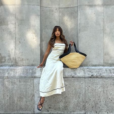 @slipintostyle summer outfit white linen dress and raffia tote