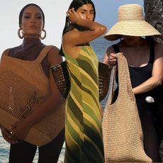 Best designer beach bags are shown in a collage of images of women, on the left a woman is wearing a black headband with gold hoops a brown shirt black pants and a raffia tote, in the middle a woman is wearing a green striped dress with a brown woven tote, and on the right, a woman is wearing a raffia hat with a black swimsuit and a raffia hobo bag