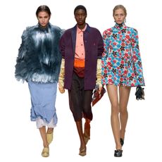  A photo of 3 models from the spring/summer 2026 runway shows against a white background