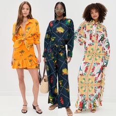 models wear new collection from coniglio palm beach. one model wears yellow mini skirt set. one model wears deep blue pant set. one model wers yellow long-sleeve maxi skirt set.