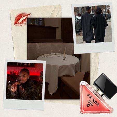 A collage of images that includes couples and people in restaurant date settings with perfume bottles overlaid.
