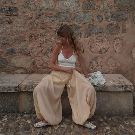 Jeanette Madsen wearing Zara Balloon Pants in Mallorca